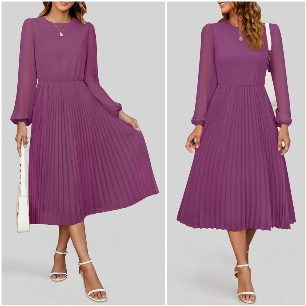 NWT Zesica Purple Plum Long Sleeve Chiffon Pleated A Line Flowy Maxi Dress XL